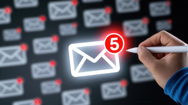 Notification of new emails displayed on a screen while a hand marks them with a pen