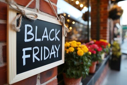 Black friday sale sign hanging outside a flower shop with vibrant blooms