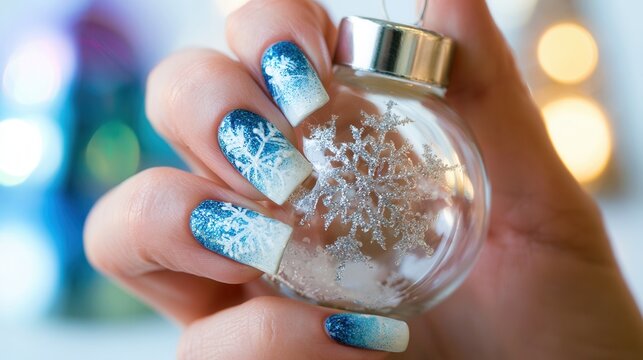 Hand holding a glass ornament with a snowflake design during a holiday season celebration in a cozy indoor setting