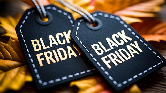 Black friday sale tags resting on autumn leaves for seasonal shopping promotions