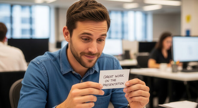 A professional young man with a beard wearing a blue shirt sits in a modern office environment holding a small white card that says great work on the presentation while smiling with genuine pride.