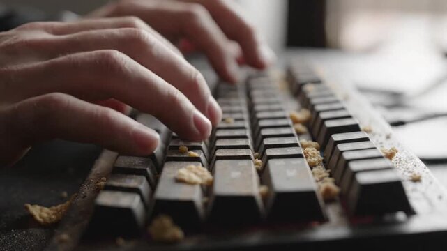 Close up of hands typing on dirty computer keyboard full of food crumbs office