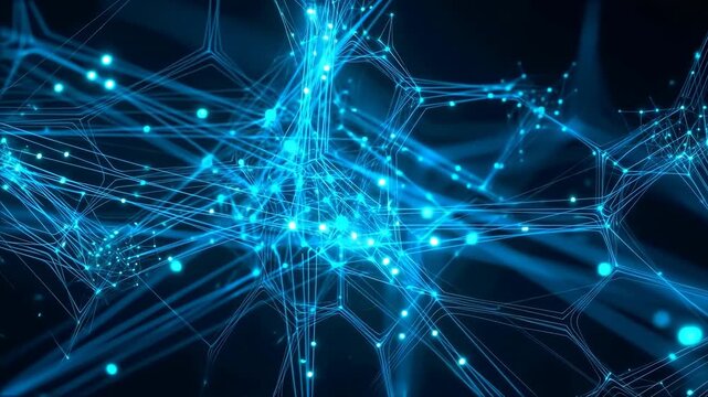 Glowing cyan node network with radiating filaments forming irregular lattice in dark space, with network, node, connection, filament detail, showing lattice, cyan, blue, glow context