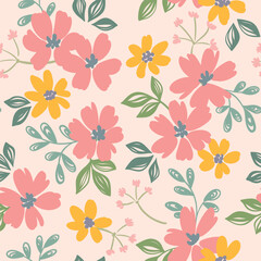Obraz premium Seamless floral pattern, liberty ditsy print of delicate sketchy plants. Cute botanical design, spring ornament of small hand drawn flowers, tiny leaves randomly on a white field. Vector illustration.