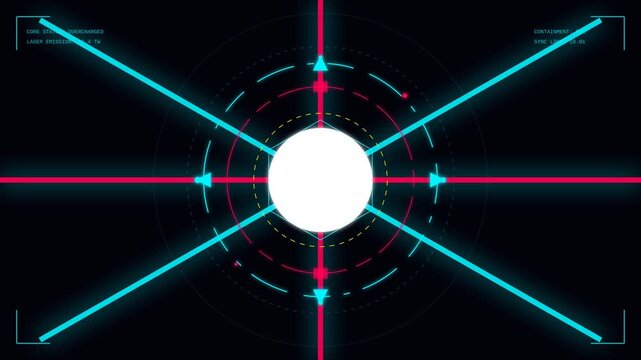 Cyberpunk HUD interface featuring a glowing blue energy core, rotating circular technical elements, and digital data readouts including power levels on a black background.
