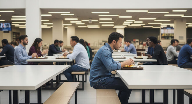 A diverse group of professional office workers and employees eating lunch together in a bright, modern corporate cafeteria, focusing on a man in a denim shirt sitting alone at a clean white table.
