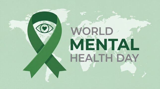 World mental health day green ribbon with eye symbol and world map