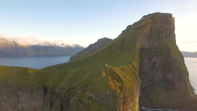 Aerial view of Kallur Lighthouse perched on the dramatic green cliffs overlooking the ocean in the Faroe Islands.