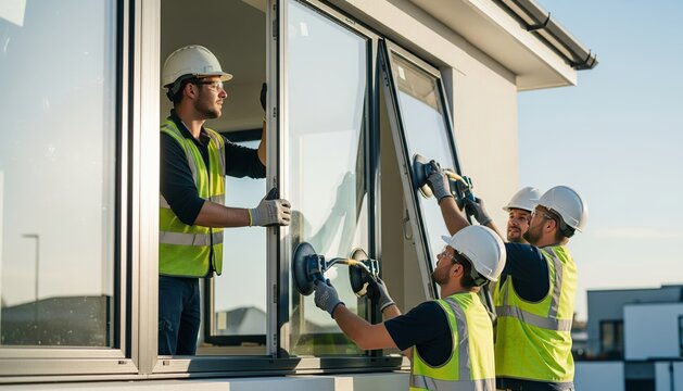 Construction workers installing large window panels using suction cups on a modern building site. Professional glaziers fitting double-glazed windows