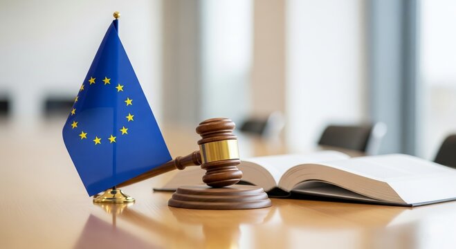 European union flag with judge gavel and open law book on wooden desk in bright office. EU legislation and justice concept. European court legal system and regulation