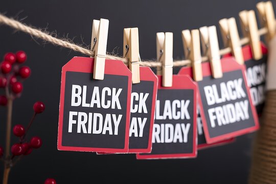 Black friday sale tags hanging on a line with blurred shop background