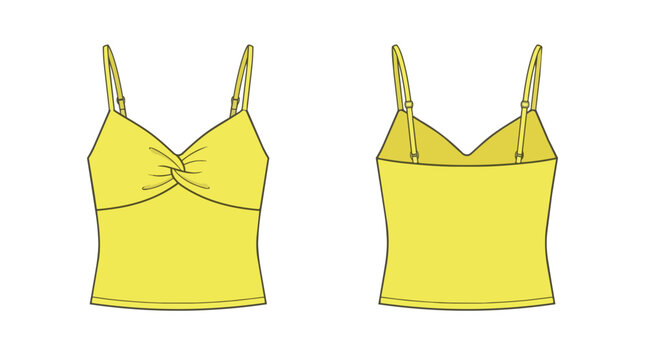 Women Yellow Twist Front Camisole Technical Fashion Flat Sketch Template with Adjustable Spaghetti Straps Front View