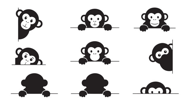 Cute monkey peeking vector set, 9 cartoon ape icons, black silhouette primate characters for web banners and children design isolated on Transparent Background