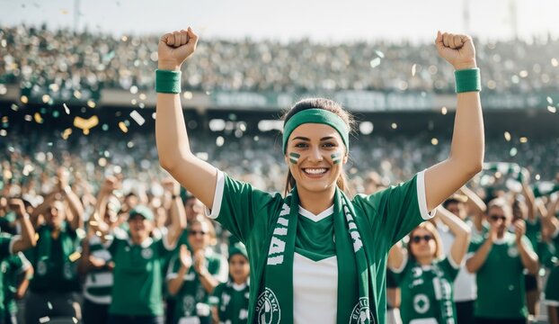 Woman football fan celebrating victory at stadium. Happy supporter in green jersey cheering with raised fists amid falling confetti. Sport championship and team support concept.