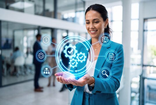 Businesswoman interacting with digital workflow automation and process management interface