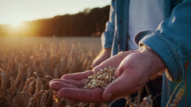 Farmer holds harvested grains while inspecting crop quality
