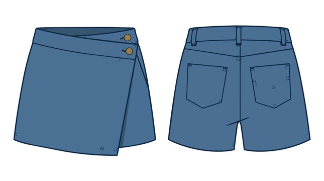 Stylish Blue Denim Skort Flat Technical Drawing for Fashion Design Front and Back View Wrap Skirt Shorts Apparel