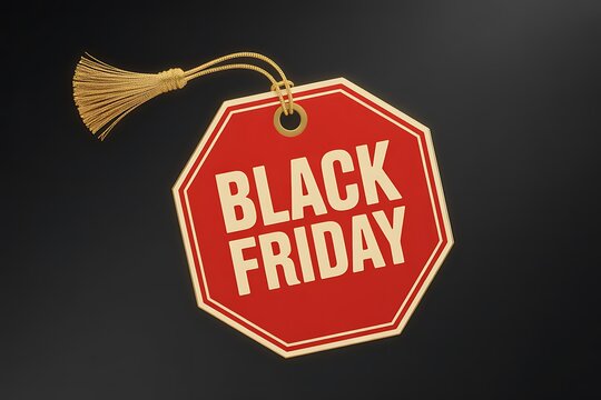 Close up of a red black friday sale tag hanging against a dark background