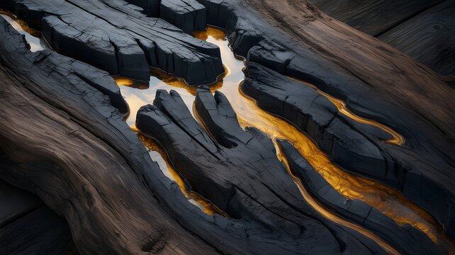 Charred dark timber wood surface featuring smooth glowing golden resin river inlay captured from a close angle in bright light