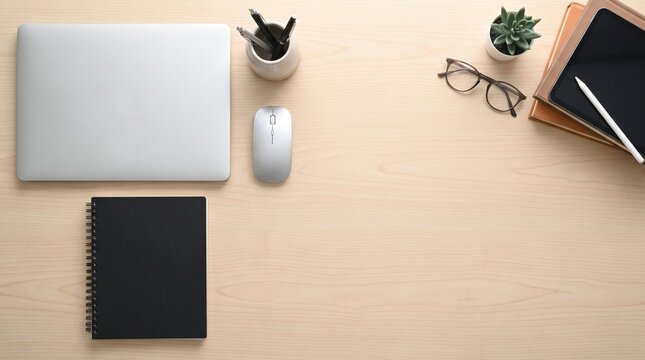 Top view desk or top view table office desk flat lay background with computer laptop and office equipment for work area copy space and education school concepts. copy space