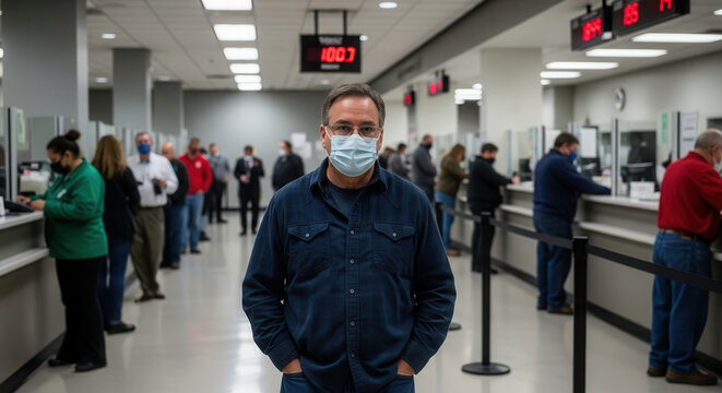 A middle-aged man wearing a protective face mask stands in the foreground of a busy government office or bank lobby while people wait in line at service counters under digital queue number displays.