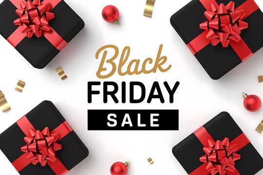 Black friday sale with gift boxes and festive decorations on a white background