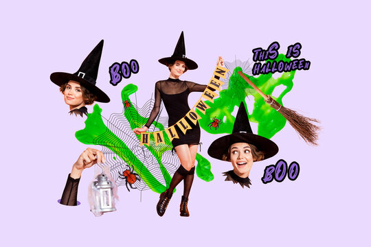 Trend artwork poster composite sketch image collage of young woman witch broomstick spooky fall holiday creepy celebration hand hold lamp