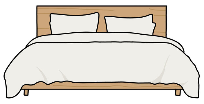 Minimalist double wooden bed with white duvet and pillows vector illustration on white background