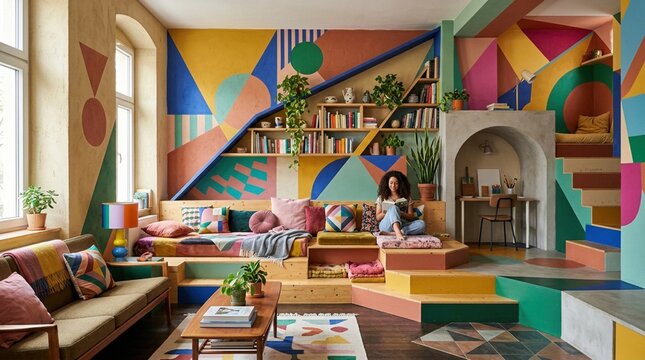 Creative colorful home interior with modern furniture geometric wall decor bookshelves and artistic styling creating a vibrant contemporary living environment for interior design
