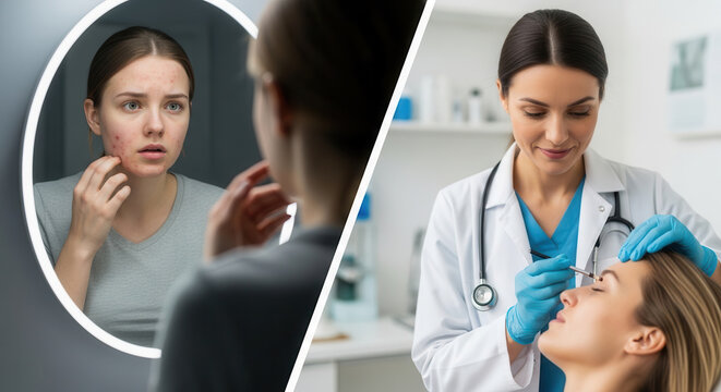A split-screen composition showing a young woman examining her acne-prone skin in a mirror on the left and a professional dermatologist performing a cosmetic skin procedure on a patient on the right.