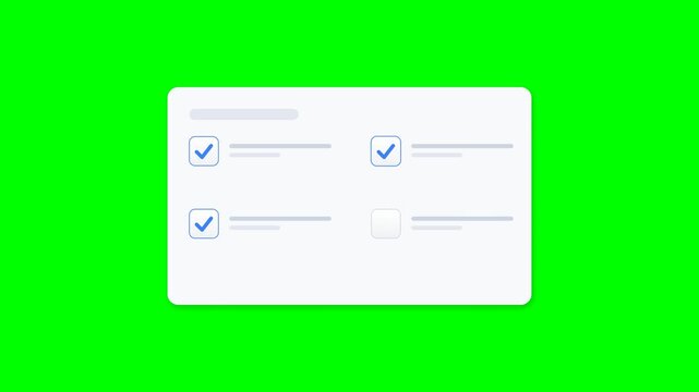 Animated Checklist Interface with Blue Checkmarks Appearing on a White UI Card over Green Screen