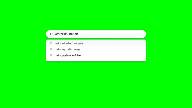 Minimalist Web Search Bar Animation Typing Vector Animation with Dropdown Suggestions on Green Screen