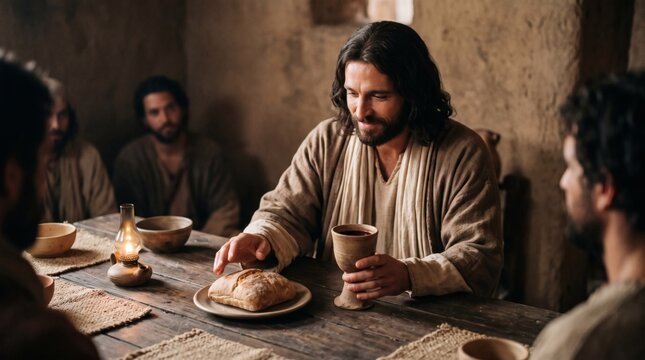 Jesus Christ shares bread and wine with disciples during the Last Supper in a dimly lit ancient room