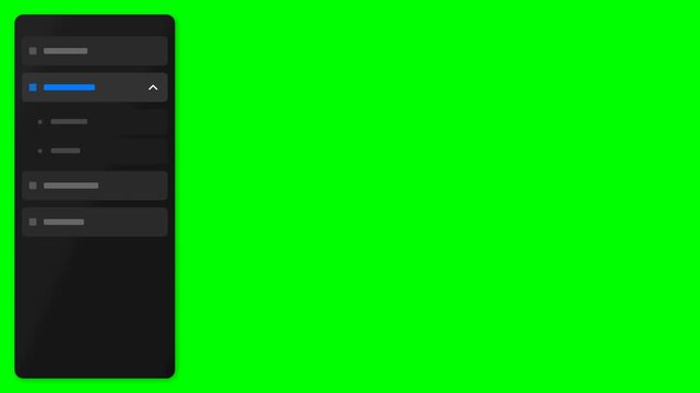 User interface dark mode sidebar menu with expandable dropdown list on green screen background