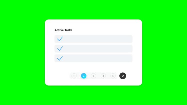 Animated Dashboard User Interface with Active Tasks Checklist and Pagination on Green Screen Background