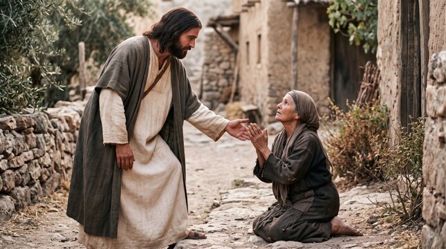 Jesus Christ offers healing hand to a pleading woman in ancient village setting