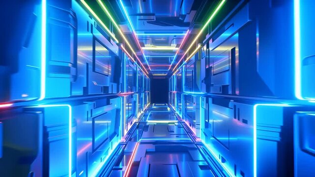 Neon corridor tunnel with converging LED strips, glossy modular panels and pulsing reflections, creating futuristic cyber atmosphere with vivid color, depth, symmetry and motion