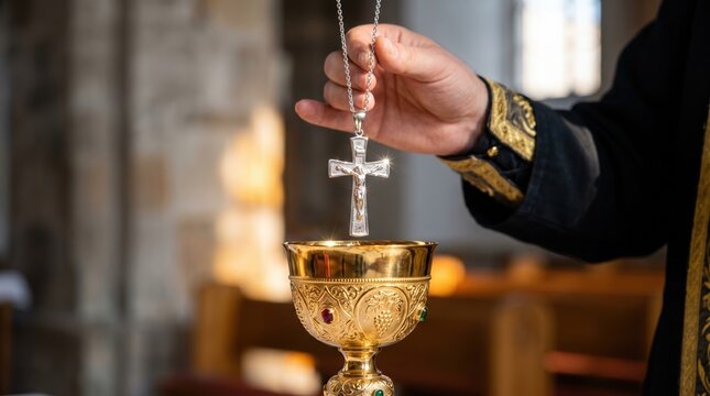 Priest holding a silver crucifix over a golden chalice during a church service. Holy communion and eucharist sacrament concept
