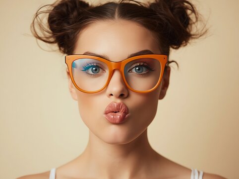 Close-up portrait of a playful young woman wearing orange glasses and puckering her lips.