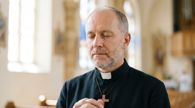 Portrait of a male priest praying with closed eyes in a church. Clergyman wearing black cassock and wooden cross necklace. Christian faith and devotion concept