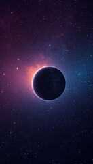 Fototapeta premium Dark planet silhouette against a glowing nebula in deep space starry galaxy background