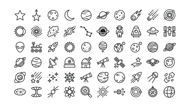 Set of space and astronomy themed icons featuring planets rockets and stars
