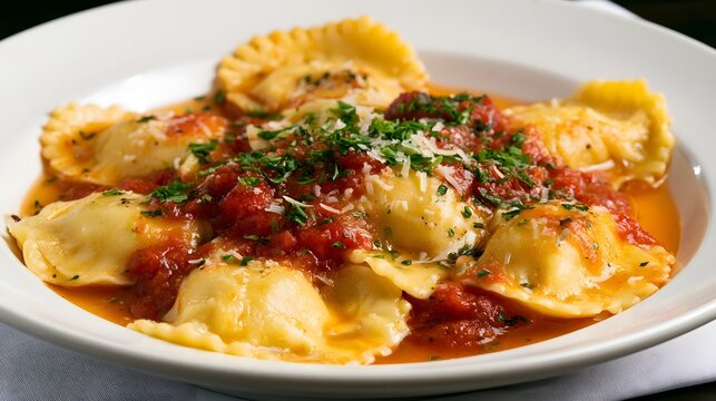 A plate of ravioli in tomato sauce garnished with fresh herbs and grated cheese  presented on a white dish