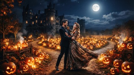 Fototapeta premium Halloween Love Story: A couple embraces amidst a whimsical pumpkin patch under a full moon, with a gothic castle looming in the background, creating a scene of romantic enchantment.