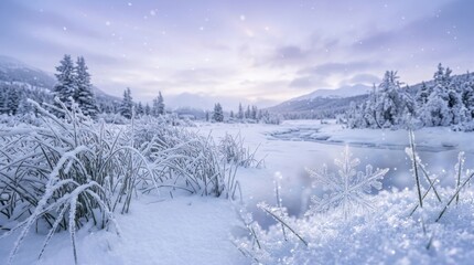 Obraz premium Winter Serenity: A tranquil winter landscape unfolds with snow-covered trees and bushes bordering a frozen river, under a softly illuminated sky with falling snowflakes.