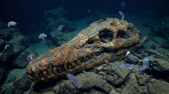 Underwater Giant Dinosaur Skull Fossil Resting on Seabed with Marine Life