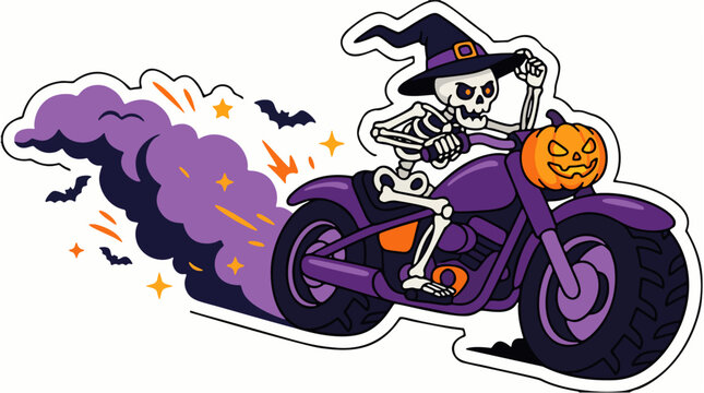 Spooky Halloween illustration of a skeleton riding a motorcycle, featuring a skull-themed design, dark fantasy elements, and a fun creepy cartoon style isolated on a clean background.