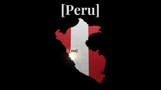 3D Map of Peru with Flag Texture and Highlighted Capital City Lima Isolated on Black Background