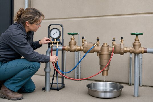 Certified tester checks an RPZ backflow preventer with pressure gauge and hoses as relief water drips into a pan. Compliance testing, water safety, plumbing inspection, and risk prevention concept.