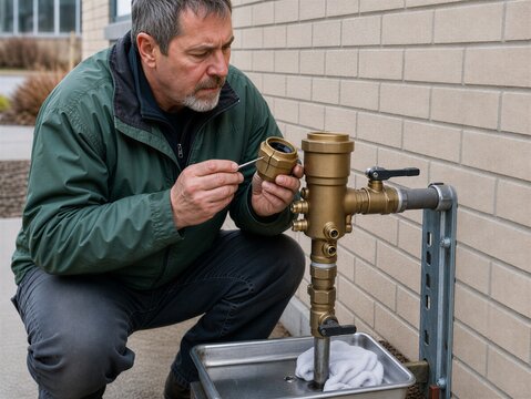 Technician examines a freeze-cracked pressure vacuum breaker bonnet beside an outdoor water line. Backflow prevention, winter damage diagnosis, plumbing maintenance, and water safety concept.
